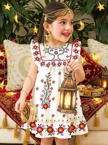 SHEIN Cute Floral Print, Baby Girls Flower Print Casual Dress, Suitable For Summer - Multicolor - View 2