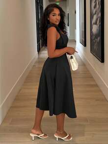 Alexandranx Sleeveless Strap Tie Bow Knot Waist Flared A-Line Elegant Romantic Dress For Women - Black - View 6