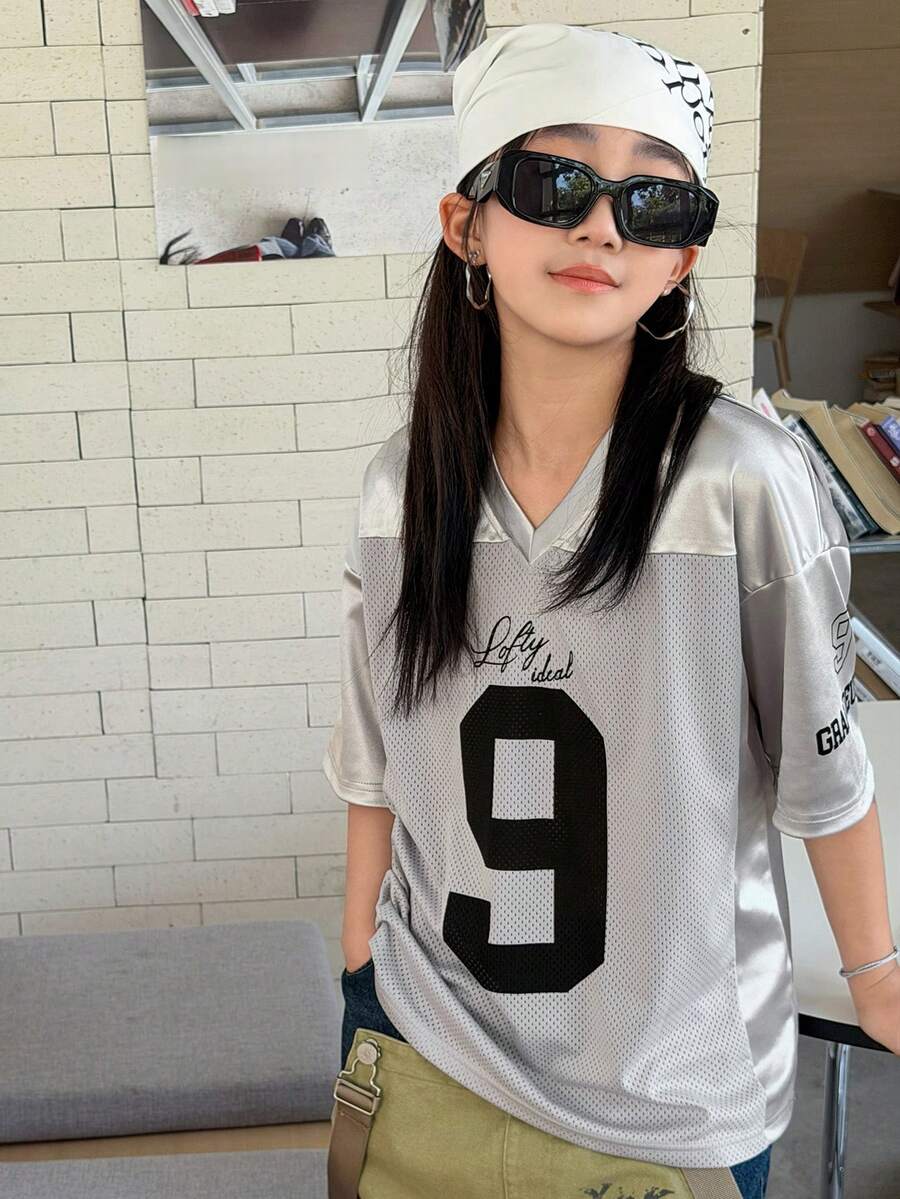 Dazy Kids Áo thun thể thao tay ngắn cổ chữ V cho bé gái tuổi teen, thích hợp mùa xuân hè. - Bạc - Xem 1