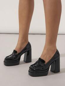 SHUZIA 女士经典英伦风格厚底高跟鞋，百搭厚底牛津鞋，适合上学和工作 - 黑色 - 查看 2