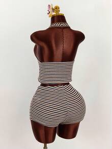 Amplova Plus Size Textured Striped Halter Neck Crop Top And Low Waist Shorts 2 Piece Set - Brown - View 10