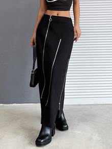 EURMUSE Zipper Closure Split Asymmetrical Hem Skirt - Black - View 6