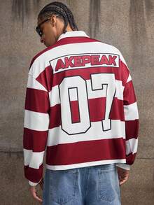 AXEPEAK Casual Street Hip Hop Striped Contrast Color Loose Long Sleeve Men's Polo Shirt - Red - View 2