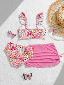 3件套少女短袖碎花荷叶边泳衣套装，中国风比基尼