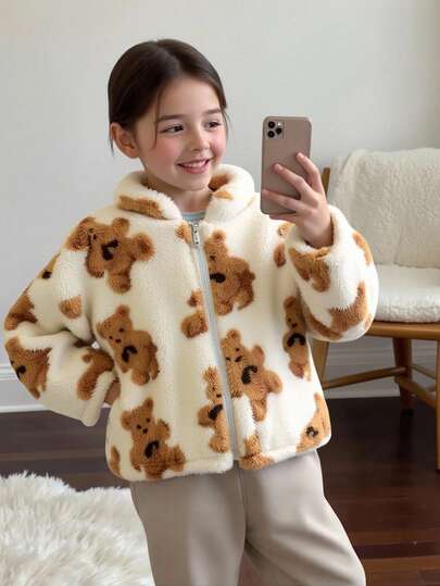 SHEIN Tween Girls' Loose Casual Fluffy Zip-Up Long Sleeve Jacket, Fuzzy Jacket, Teddy Bear Clothes, Teddy Bear Print Jacket, Teddy Bear Jacket, Plush Jacket