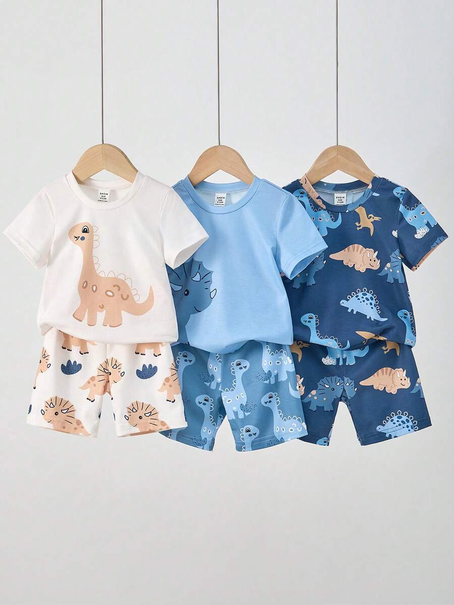6pcs/Set Baby Boy Cartoon Dinosaur Print Soft Round Neck Shirt And Shorts Casual Homewear Set, Summer Outfit Mother Day Gift Graduation Gift Summer Clothes Boys Pajamas - Multicolor - View 1