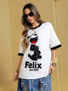 Felix The Cat X SHEIN Áo thun nam cổ tròn tay ngắn in chữ và hình mèo, mùa hè - trắng - Xem 7