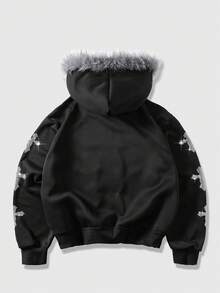 ROMWE MEN Goth 男士水钻装饰仿毛领连帽拉链长袖卫衣 - 黑色 - 查看 2