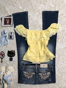 Glimmora Women's Double-Layer Ruffle Lace Trim Polka Dot Off-Shoulder Yellow Blouse - Yellow - View 1