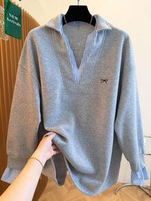 Franclia Áo nỉ dài tay họa tiết sọc in nơ cỡ lớn dành cho nữ - Xám - Xem 8