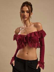 SHEIN BAE Burgundy Off Shoulder Long Sleeve Ruffle Sexy Tube Top For Women, Romantic Ruffle Hem Ladies Blouse, Casual Wear - Red - View 4