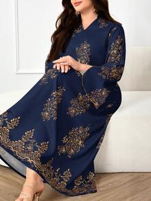 Al Najma Plus Size Women Arab Style Casual Dress, Minimalist Fashion For Everyday Wear Modest - Navy Blue - View 1