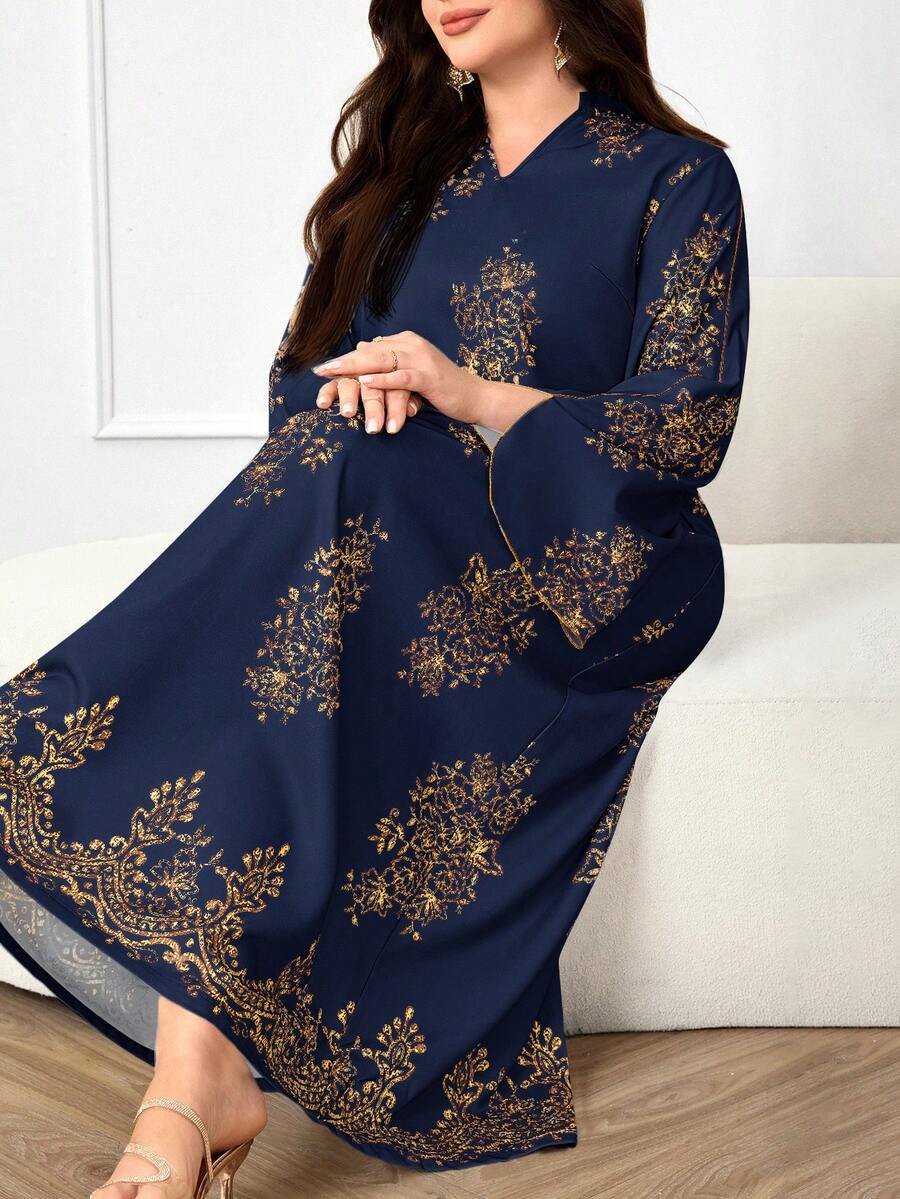 Al Najma Plus Size Women Arab Style Casual Dress, Minimalist Fashion For Everyday Wear Modest - Navy Blue - View 1