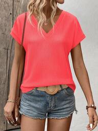 SHEIN LUNE Women's Solid Color V-Neck Batwing Short Sleeve Casual Loose T-Shirt