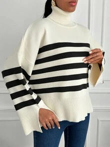 EURMUSE Striped Pattern Turtleneck Drop Shoulder Split Hem Jumper - Beige - View 4