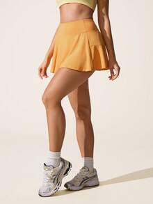 CourtClass Women's Solid Color Minimalist Casual Sports Skirt Swim Skort Yellow Tennis Skirt High Waist Skort Women Skorts - Yellow - View 4