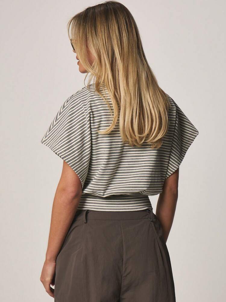 MISSGUIDED Women Striped Short Sleeve Cinched Waist Ribbed Top Casual Summer Blouse