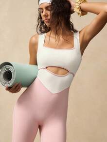 VARSIVA Mono sin mangas elástico con bloques de color y diseño hueco para mujer de verano - Rosa - Ver 6
