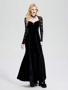 Breakform Women's Elegant Goth Black Velvet T-Shirt,Autumn Retro Lace Spliced Square Neck Front Ruffle Metal Cross Long-Sleeve Slim Short Top For Night Out - Black - View 3