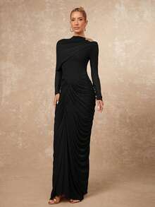 Lumalex Asymmetrical Metal Decor Mesh Soft Flowy Ruched Waist Bodycon Long Sleeve Dress For Women - Black - View 7