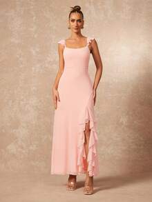 Lumalex 优雅通勤性感纯色珊瑚橙色荷叶边开衩修身A字连衣裙，适合海滩度假、邮轮旅行、晚宴、婚礼、派对、返校、毕业典礼、婚礼季等场合。 - 珊瑚粉 - 查看 6