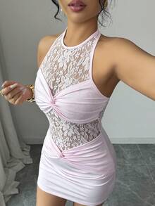 Elenzga 女士浪漫性感透视沙滩度假连衣裙，粉色针织无袖吊带紧身迷你连衣裙 - 粉色 - 查看 3