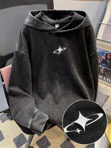 Manfinity Hypemode Áo hoodie dáng rộng màu đen tối giản, chất liệu kim loại, họa tiết ngôi sao và mặt trăng, logo nhỏ, đã qua xử lý giặt, thích hợp cho các buổi đi chơi, đi học, ở nhà và làm quà tặng cho bạn bè. Áo hoodie ngôi sao dành cho nam, phong cách Y2K, áo hoodie nam thường ngày. - màu đen - Xem 1