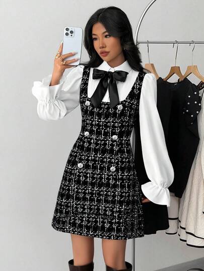 少女时尚优雅撞色学院风长袖衬衫裙