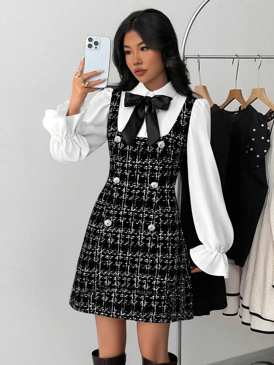 Vestido camisero de manga larga con bloques de color elegante y de moda para adolescentes - Negro - Ver 1