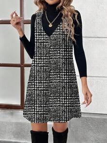 SHEIN LUNE 女士休闲简约格纹印花优雅短款连衣裙，适合秋冬季节，适合外出、约会、派对、聚会等场合，时尚别致。 - 彩色 - 查看 4
