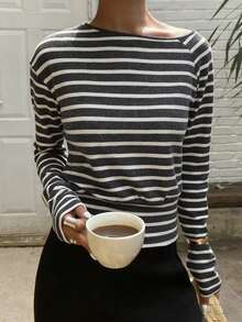 DAZY Tricou elegant casual cu dungi periate pentru femei, cu guler rotund și talie ajustată