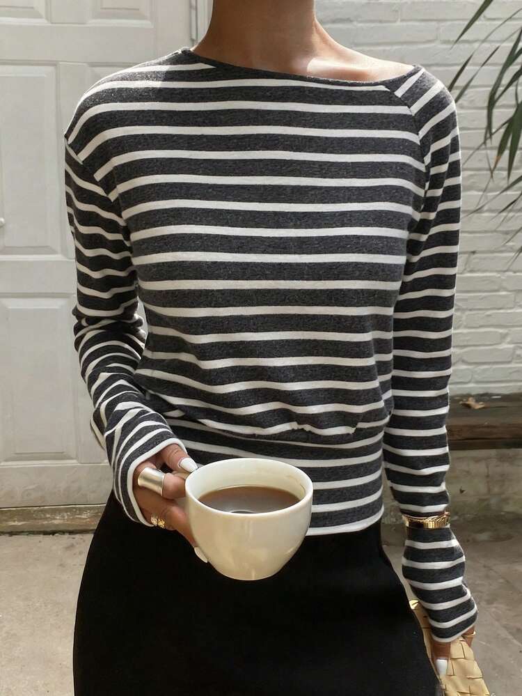 Women's Crew Neck Brushed Striped Waist Fitted Casual Elegant T-Shirt