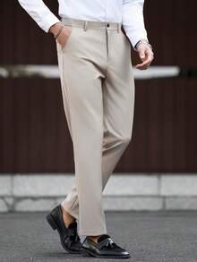 Calvornis Men's Classic Khaki Plain Fabric Suit Pants With Zipper Closure - Khaki - View 5