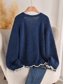 CosyJoli 秋冬大码休闲毛衣配领带蝴蝶结撞色装饰开衫 - 藍色 - 查看 2