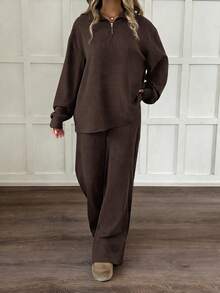 SHEIN 2pcs/Set Teen Girl Solid Color Fuzzy Ribbed Half-Zip T-Shirt And Pants Set Brown Brown Set Girl Brown Set - Brown - View 7