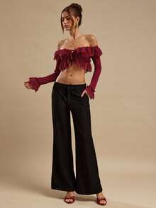 SHEIN BAE Burgundy Off Shoulder Long Sleeve Ruffle Sexy Tube Top For Women, Romantic Ruffle Hem Ladies Blouse, Casual Wear - Red - View 6