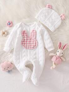 Conjunto para recém-nascido com body de manga comprida, pezinho e gorro em algodão jacquard xadrez com textura de coração e estampa 3D de coelho. - Branco - Ver 7