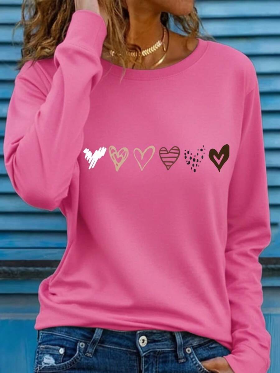 Mujer casual camiseta estampado gráfico love corazón amor día san valentín cerezas cereza enamorados pareja linda tierna cute rayas rayones dibujo letras creativo ajuste regular cuello redondo manga larga primavera erano uso diario comoda fresca ligera - Rosa Fucsia - Ver 1