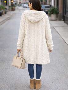 Abrigo Ligero Delgado Calentito De Peluche con Puño, de uso diario, informal otoño invierno, casual con capucha - Hueso - Ver 2