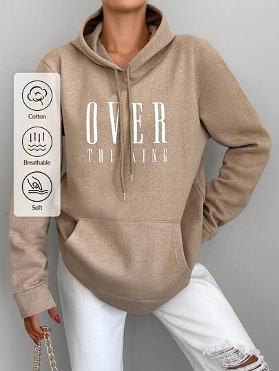 EURMUSE Petite Women Casual Cotton Letter Graphic Beige Kangaroo Pocket Drawstring Hoodie Sweatshirt