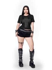 Whyspr Y2K朋克哥特性感十字架图案水钻装饰圆领女款T恤 - 黑色 - 查看 6