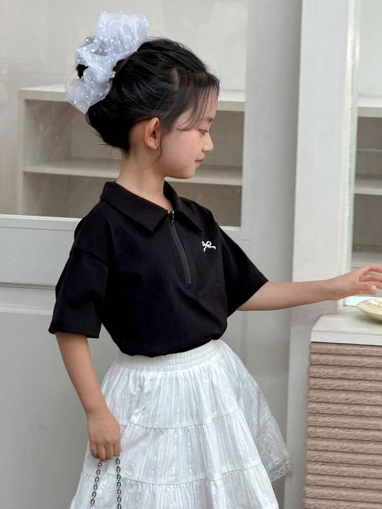 Young Girls Knit Collar Bow Print Short Sleeve T-Shirt, Fall Clothes Spring
