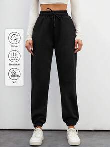 SHEIN Tall Cotton Tall Ladies' Drawstring Waist Solid Color Jogging Pants - Black - View 1