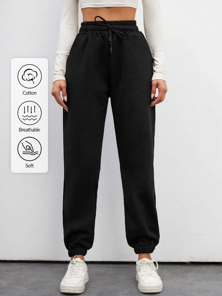 SHEIN Tall Cotton Tall Ladies' Drawstring Waist Solid Color Jogging Pants - Black - View 1