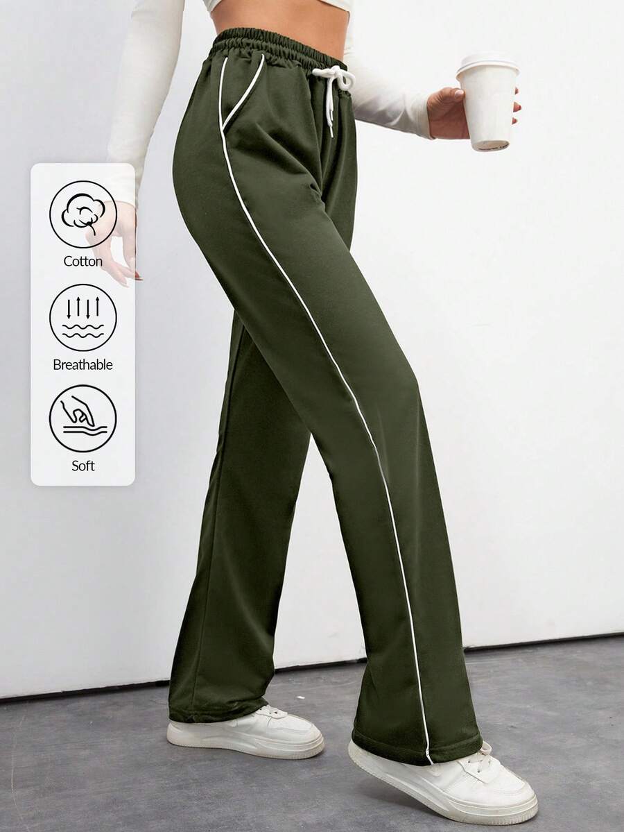 SHEIN Tall 棉質抽繩腰寬鬆直筒運動長褲,舒適透氣,適合高個女性 - 軍綠色 - 查看 1