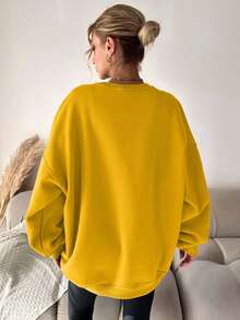 EURMUSE Women's Casual Autumn/Winter Fleece Printed Drop Shoulder Sweatshirt - Yellow - View 2