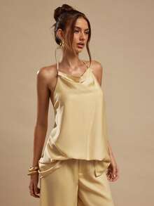 SHEIN BAE 女款香檳金芥末黃緞面深V領露背優雅上衣，適合夏季派對、夜生活、早午餐、婚禮賓客、度假海灘穿搭 - 黃色 - 查看 7