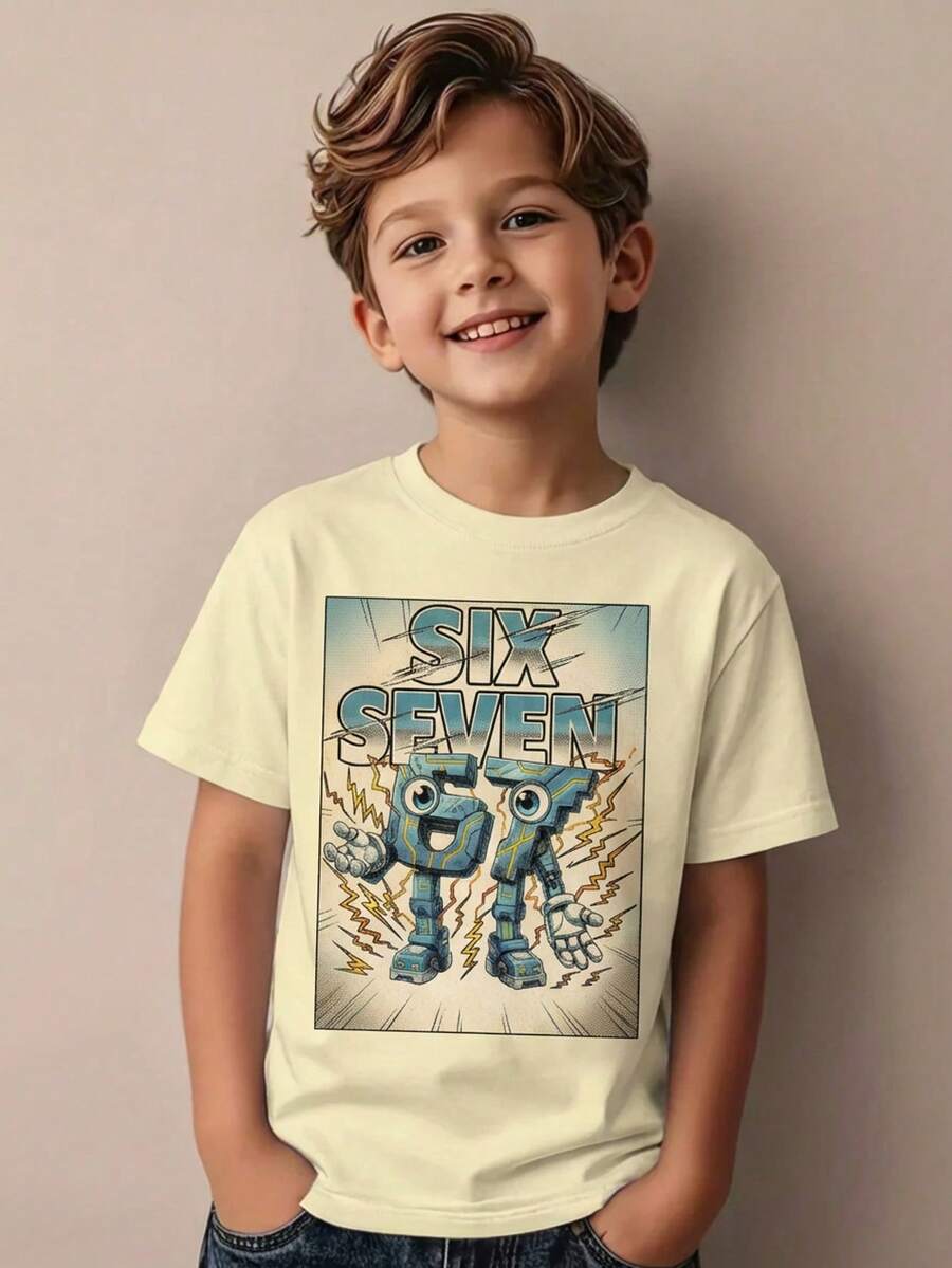 Playera para niño estilo urbano con estampado de cómic algodón suave corte holgado manga corta verano uso escolar y al aire libre playera - Albaricoque - Ver 1