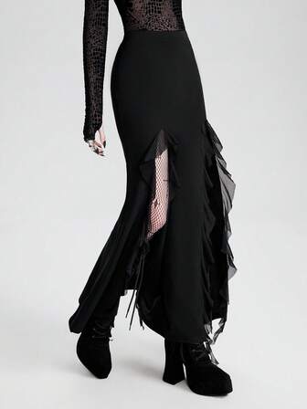 Breakform Women's Gothic Style Sexy Elastic Waist Slit Patchwork Mesh Layered Ruffle Tassel Bodycon A-Line Maxi Skirt