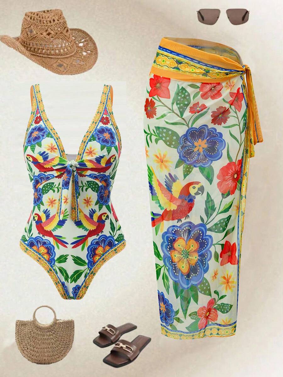 Swim Oasis 女士南法鹦鹉印花豪华度假连体泳衣配纱笼裙套装 - 彩色 - 查看 1